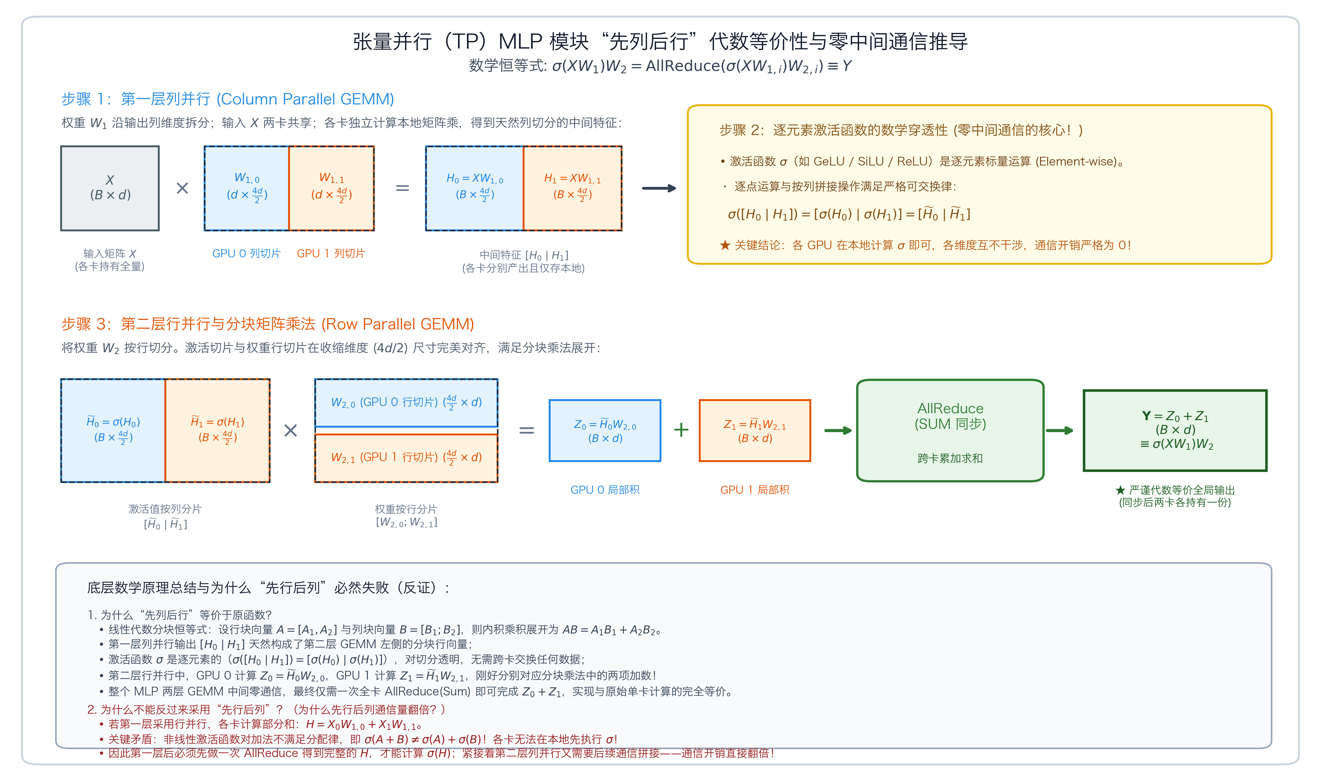张量并行先列后行代数等价性与零中间通信推导